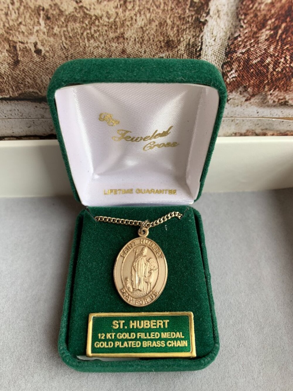 24kt Gold-Plated St. Hubert Medal Oval w/ 24" Gold‑plated Brass Chain